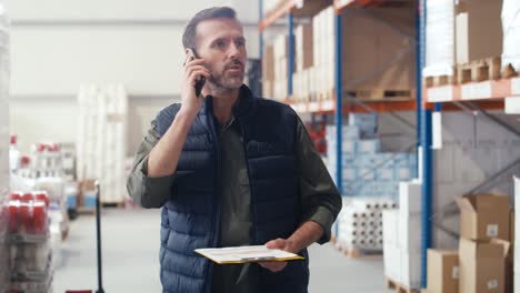 Caucasian-warehouse-worker-using-mobile-phone